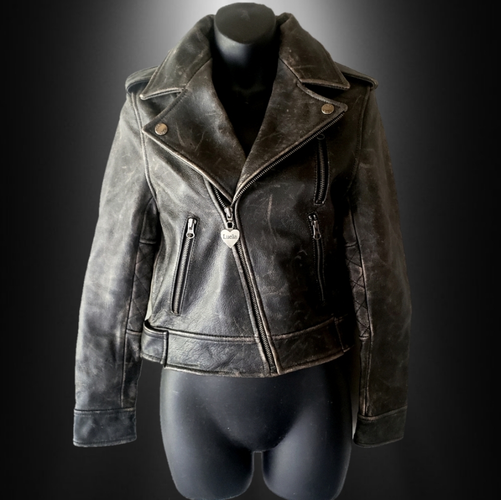 100% Leather Jacket Luella Moto Biker Distressed